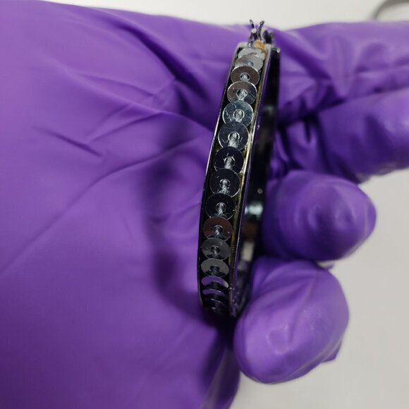 Women's Black Hoop Earrings with Polished Finish and Silver Tone Disc Accents - Picture 4 of 6